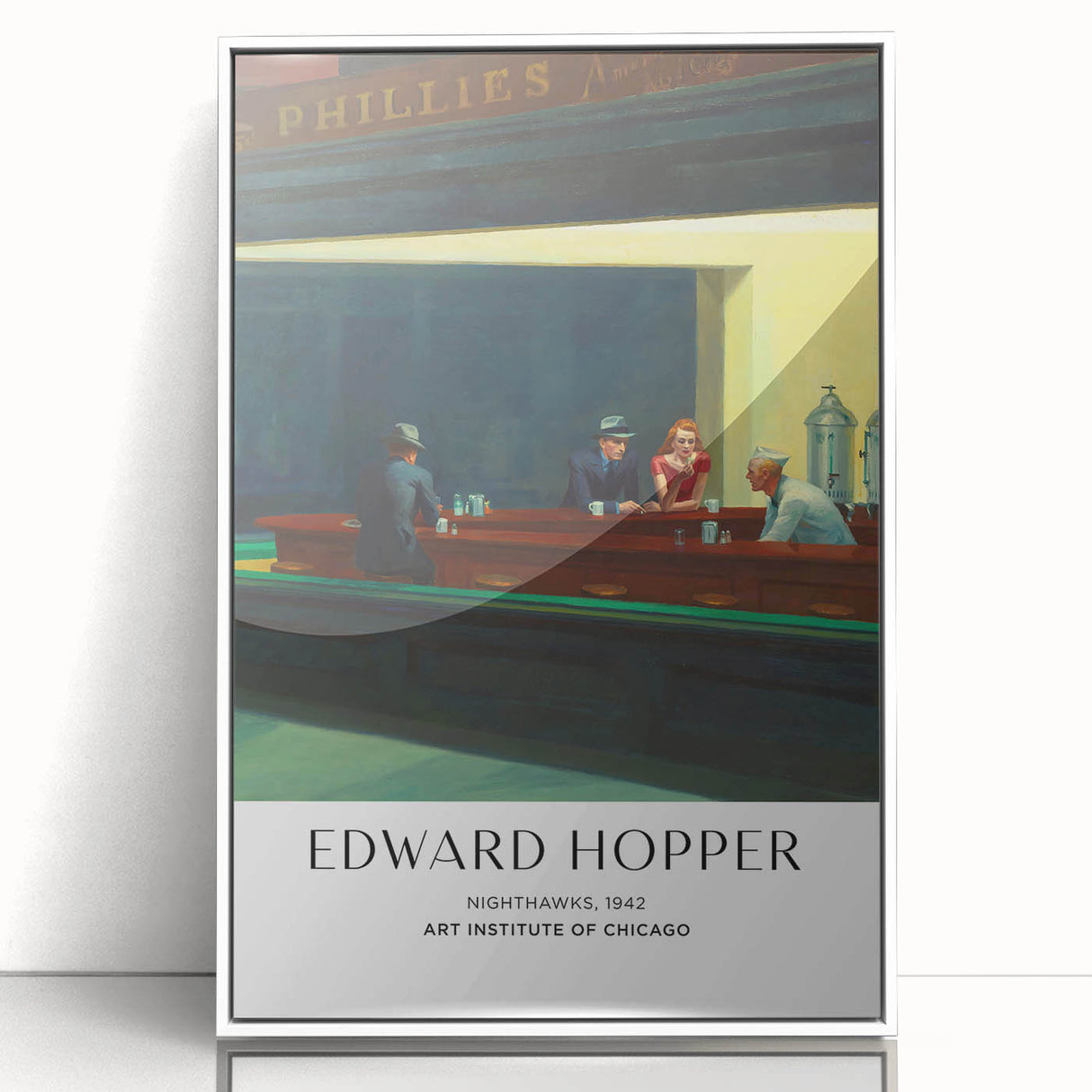 Art deco poster featuring a minimalist Edward Hopper design in muted colors on framed acrylic.