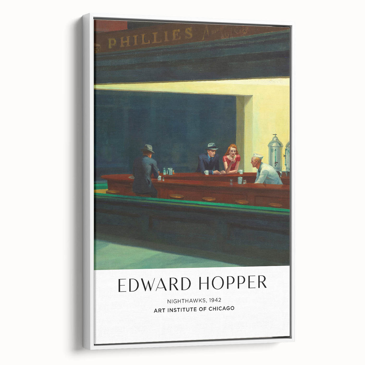 Vintage poster art featuring a monochrome Edward Hopper design on a large framed canvas, ideal for living room decor.