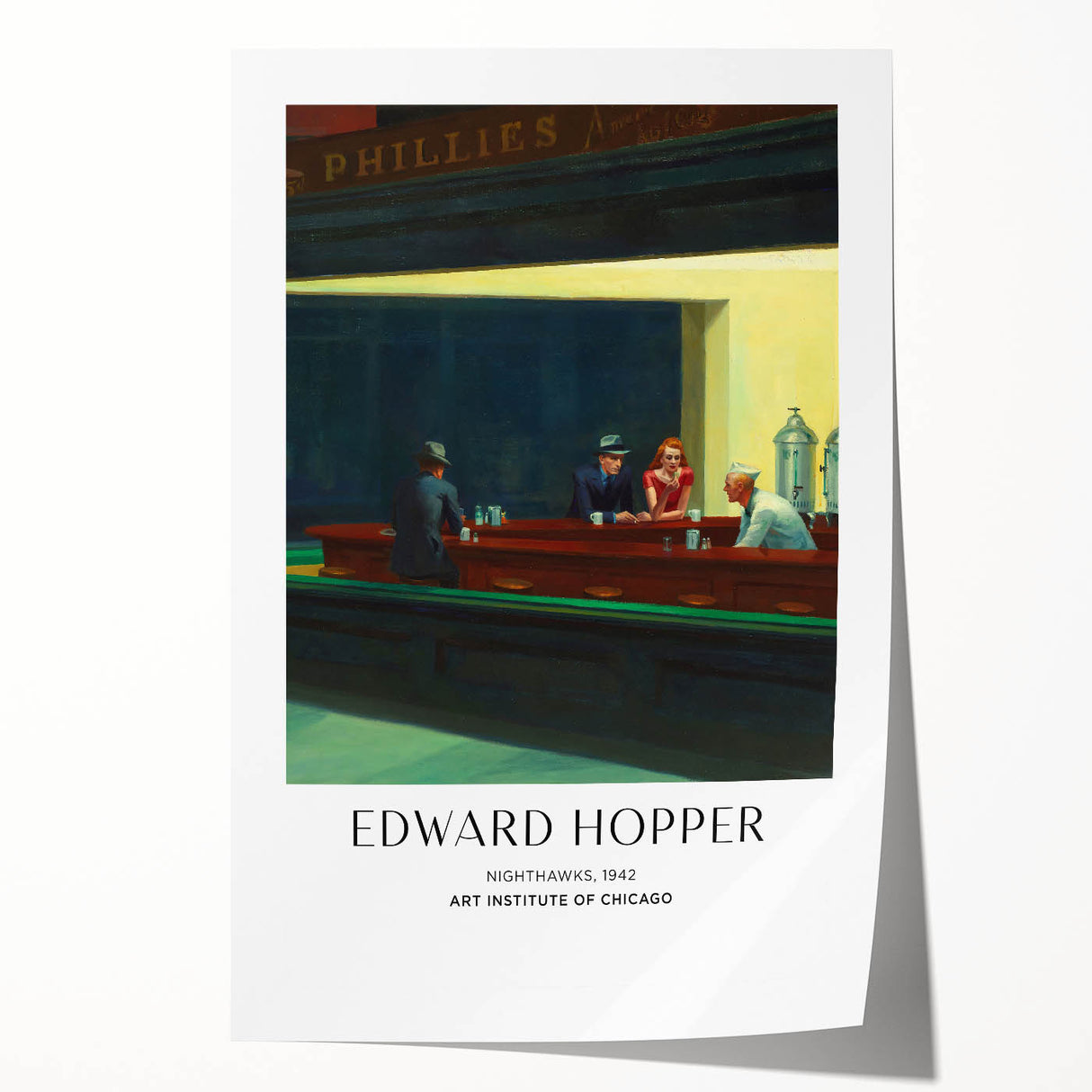 Edward Hopper-inspired floral scene in muted colors on rolled canvas, suitable for dining room or large bathroom wall.