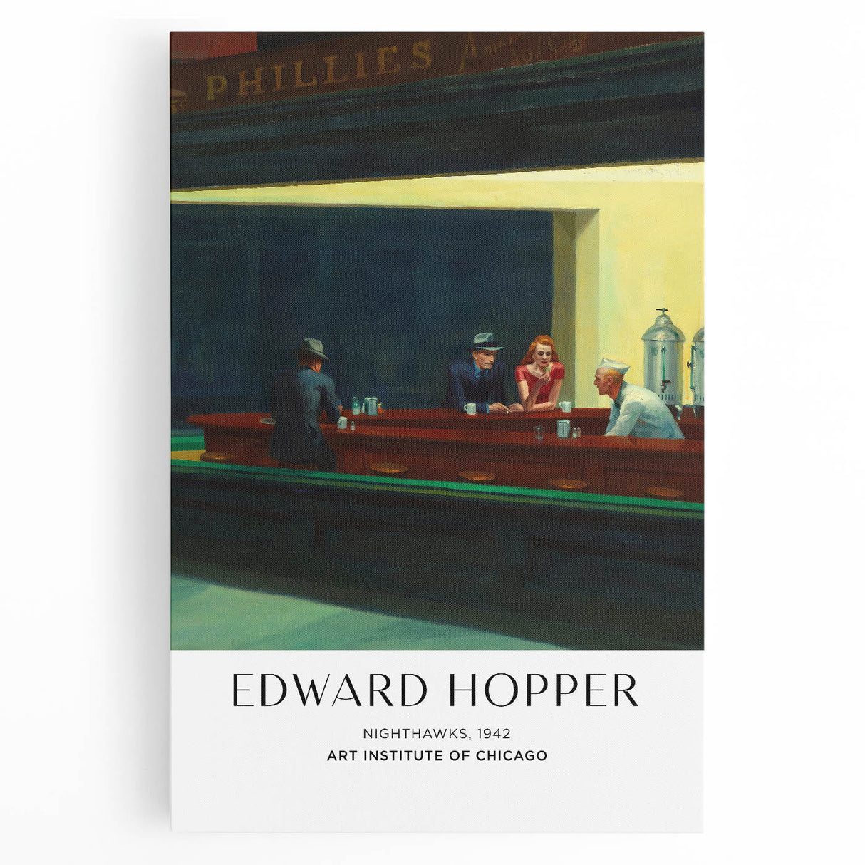 Large black and white Edward Hopper style canvas depicting a serene cityscape, suitable for kitchen wall art.