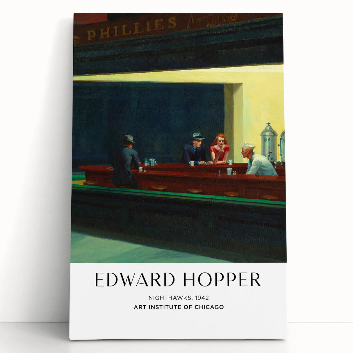 Black and white Edward Hopper-inspired print on stretched canvas, featuring a minimalist urban scene.