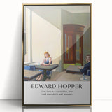 Large art print of an Edward Hopper-inspired mid-century modernist scene in muted earth tones, framed in gold acrylic.