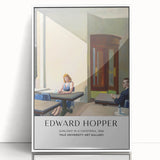 Acrylic print of a modern art depiction of Edward Hopper's style in muted earth tones, framed in white.