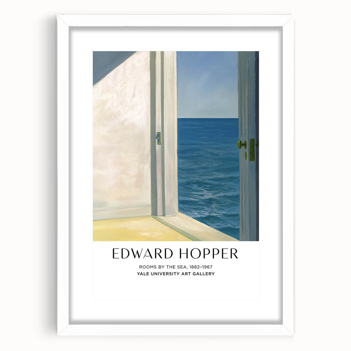 Abstract art print featuring muted blue and gray tones on a white framed canvas, suitable for dining room or bedroom decor.