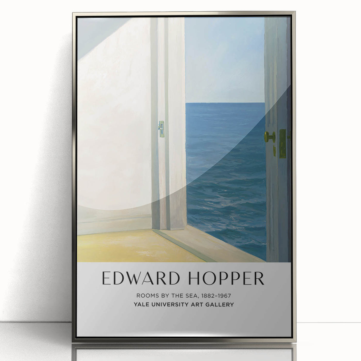 Mid-century modernist art depicting a serene cityscape in cool gray tones, framed acrylic, ideal for modern art wall decor.