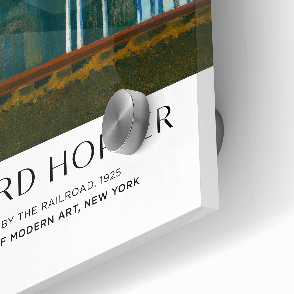 Mid-century modernist acrylic print featuring large abstract shapes in muted earth tones, ideal for dining room art.