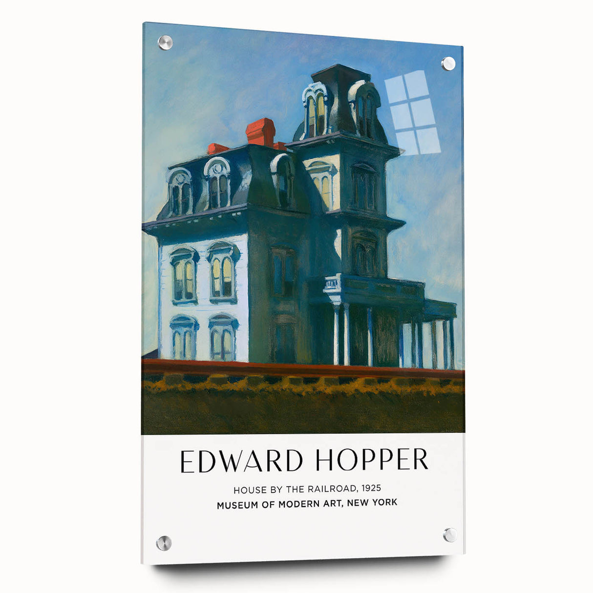 Large abstract wall art on acrylic glass depicting a modernist Edward Hopper design in muted colors.