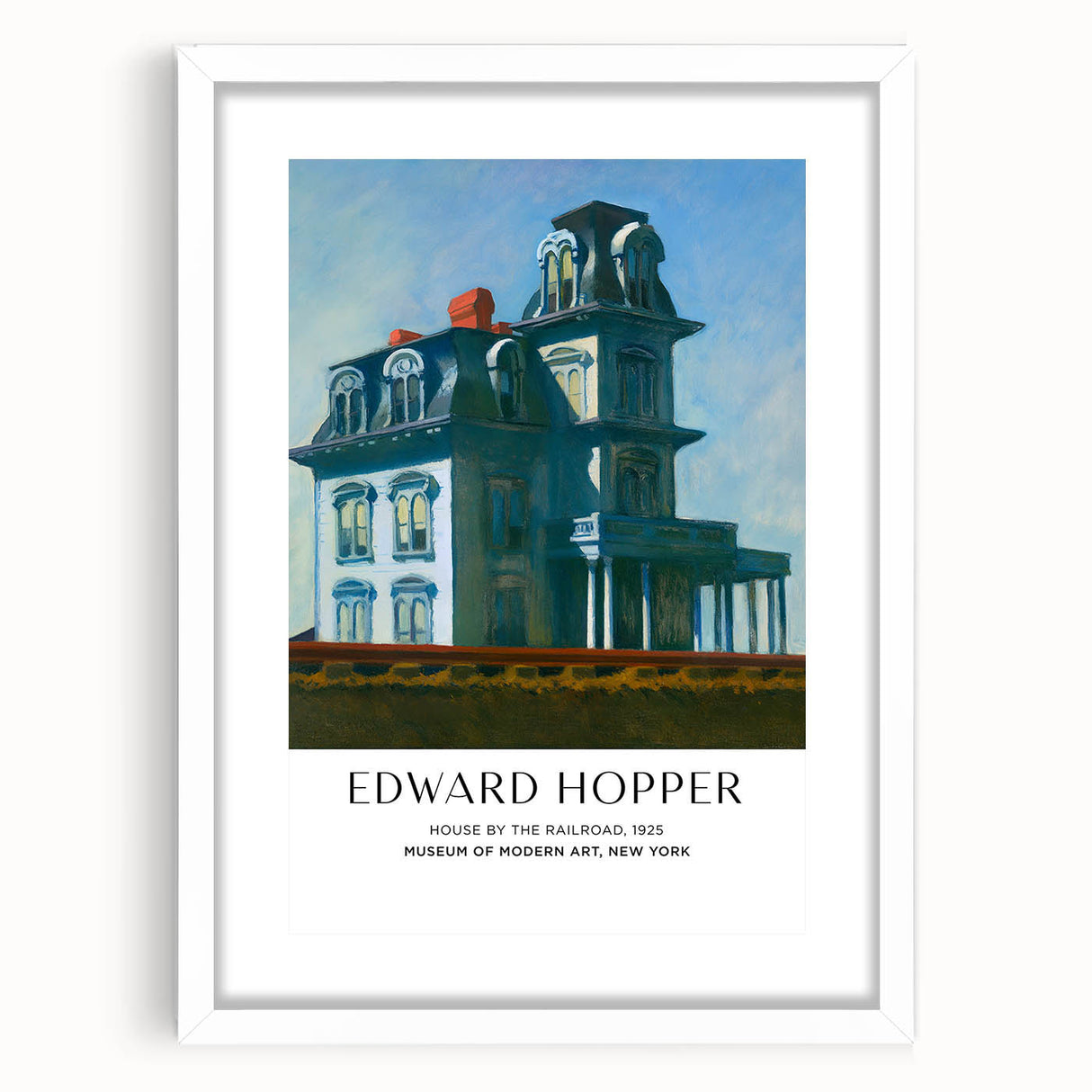 Abstract art print featuring muted blue and gray tones on a framed canvas, suitable for bedroom or dining room decor.