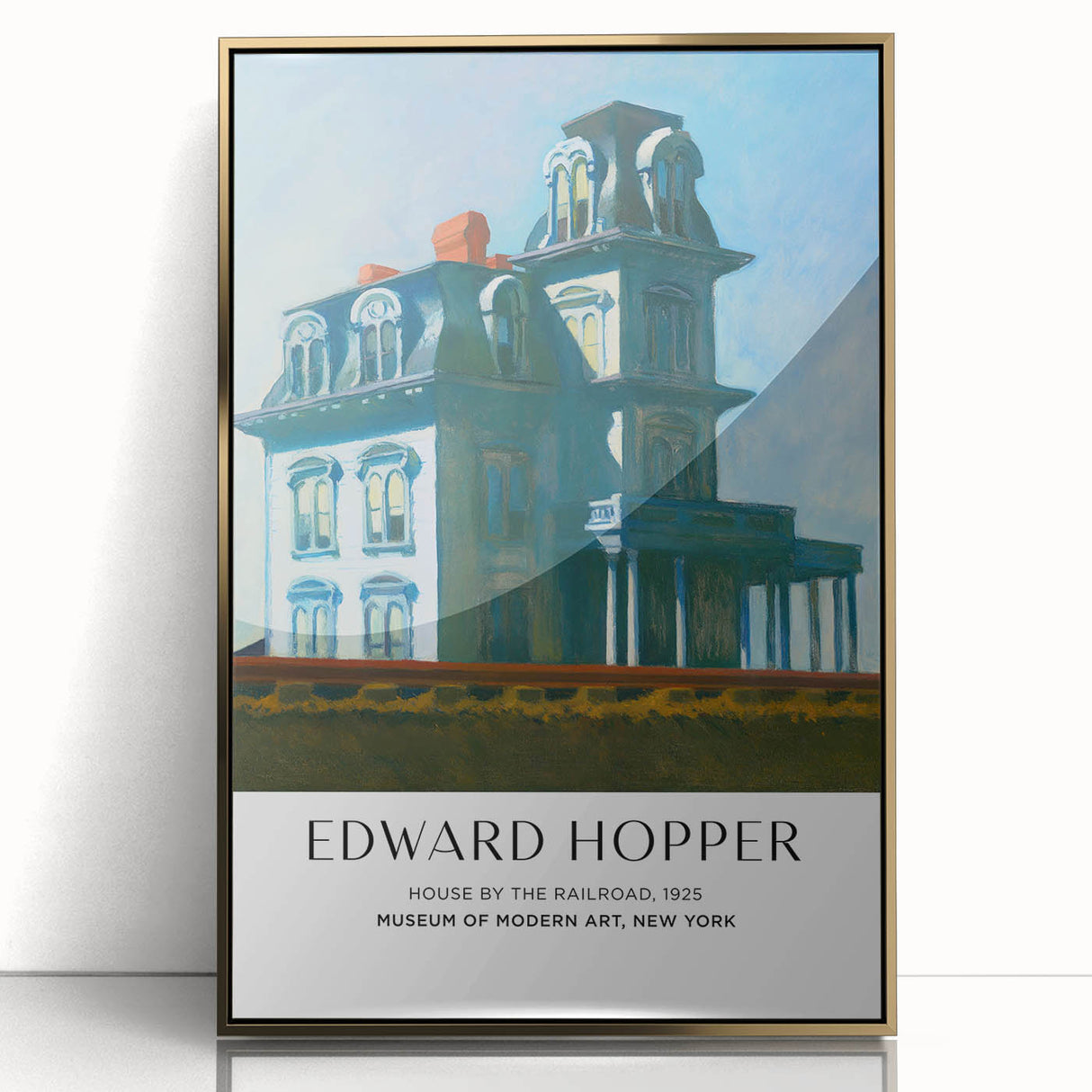 Mid-century modernist style Edward Hopper artwork on framed acrylic, featuring muted earth tones.