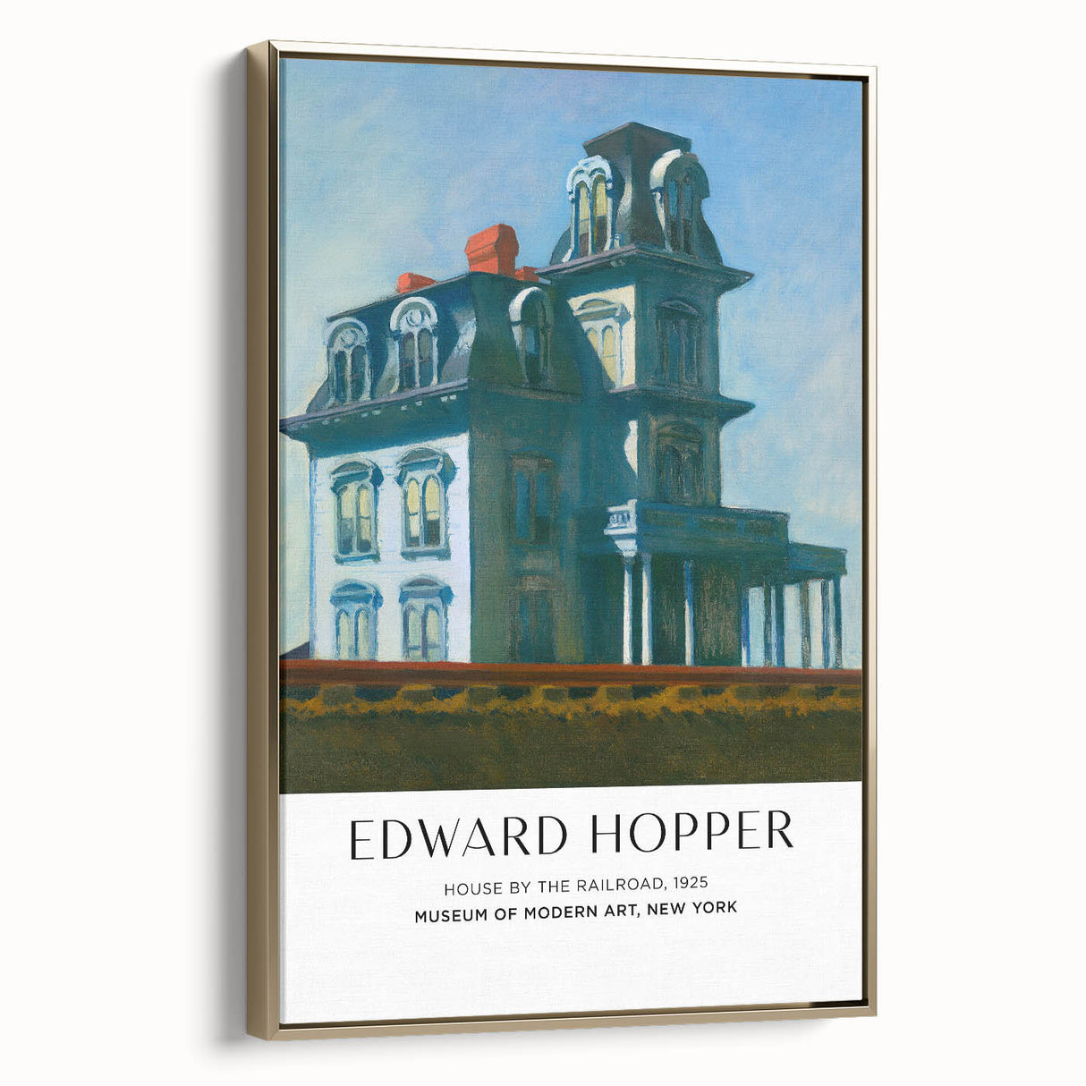 Framed canvas with a vintage-inspired Edward Hopper landscape painting in muted gold and black tones.