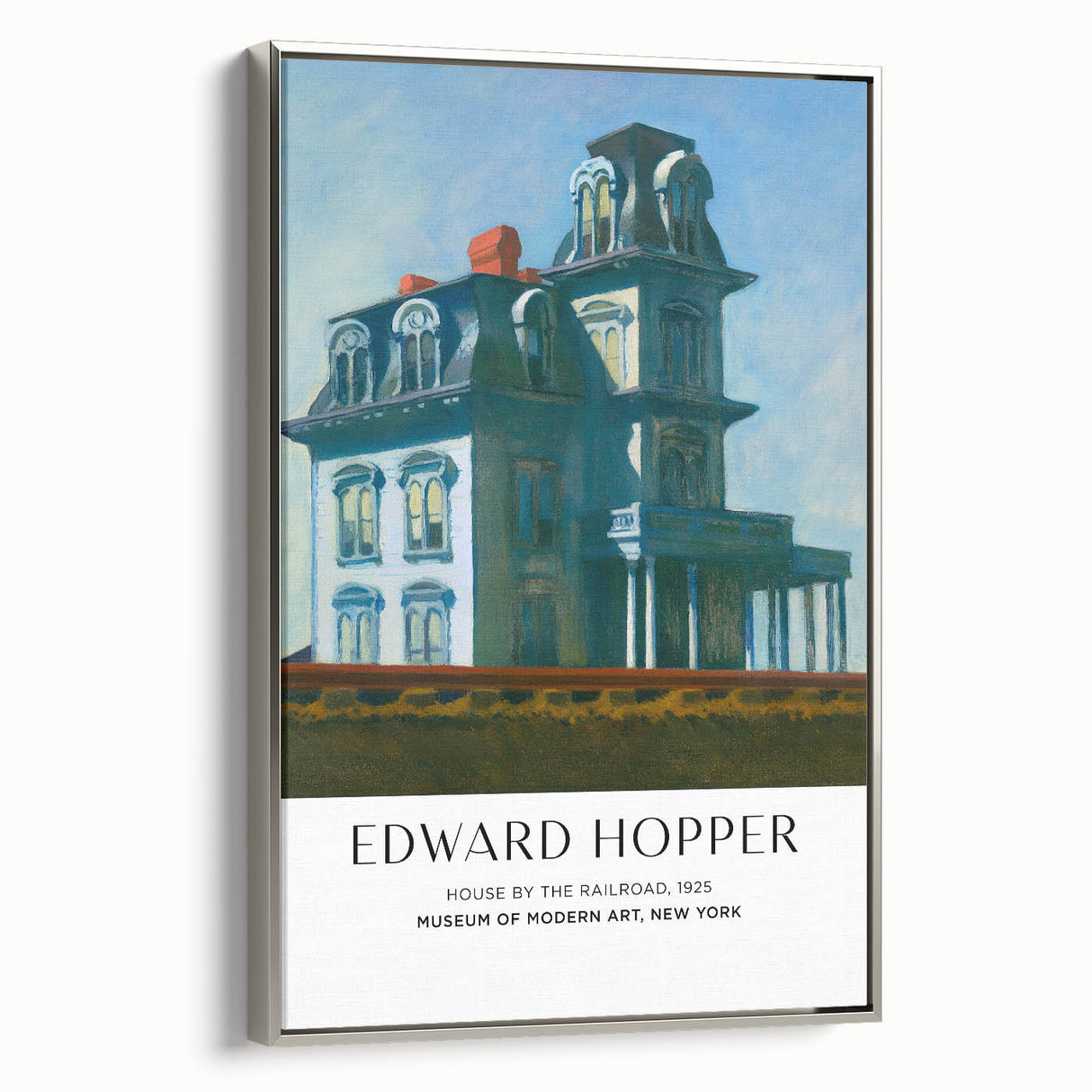 Framed canvas depicting an Edward Hopper-style landscape, with muted colors, ideal for a vintage-inspired living room.