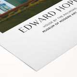 Art deco poster featuring a serene Edward Hopper design in soft blue and beige tones on rolled canvas.
