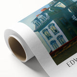 Art Deco style poster of an urban scene in muted beige and cream, rolled canvas, ideal for nursery wall art.
