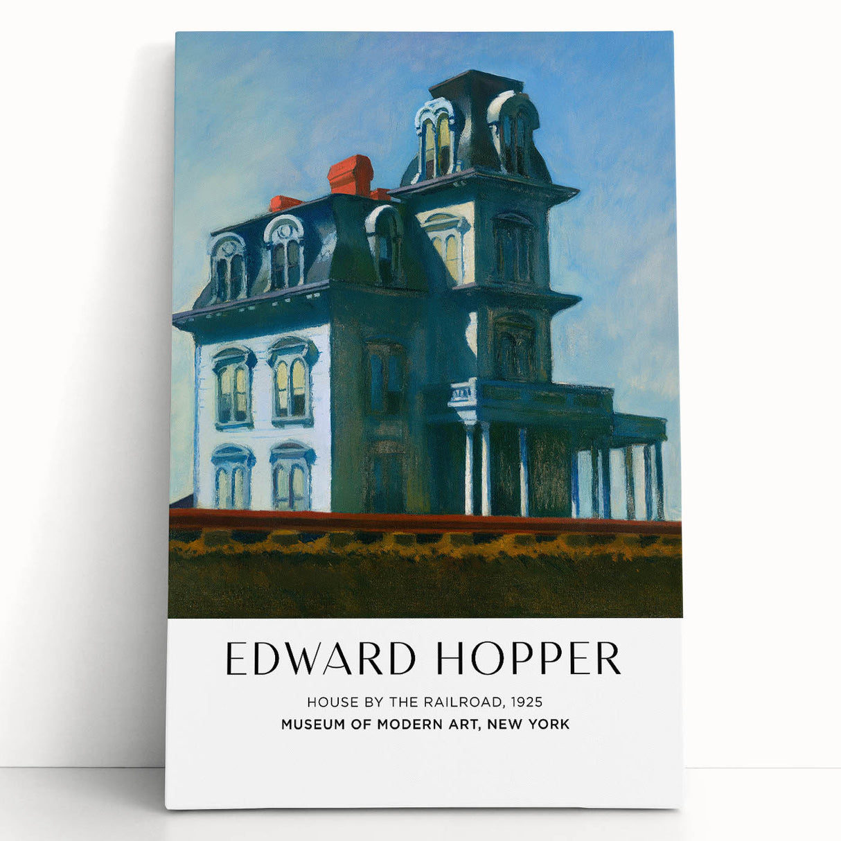 Black and white Edward Hopper-inspired stretched canvas featuring a minimalist urban scene, ideal for kitchen wall art.
