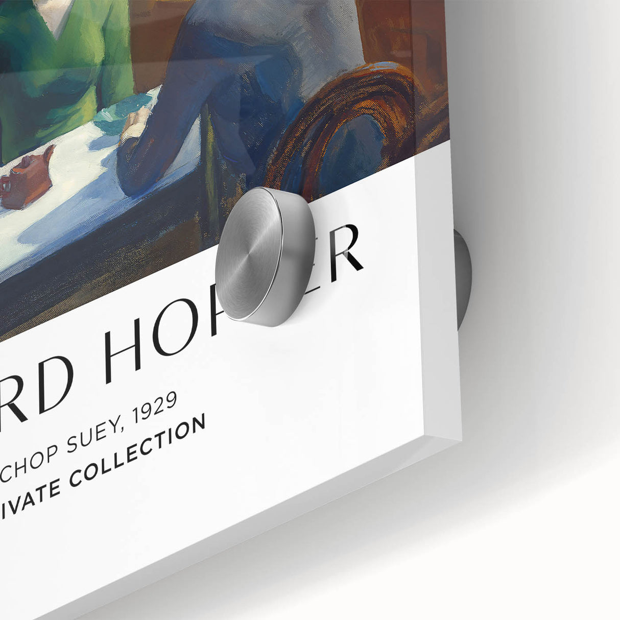 Mid-century modernist acrylic glass print featuring large abstract shapes in muted earth tones, ideal for dining room art.