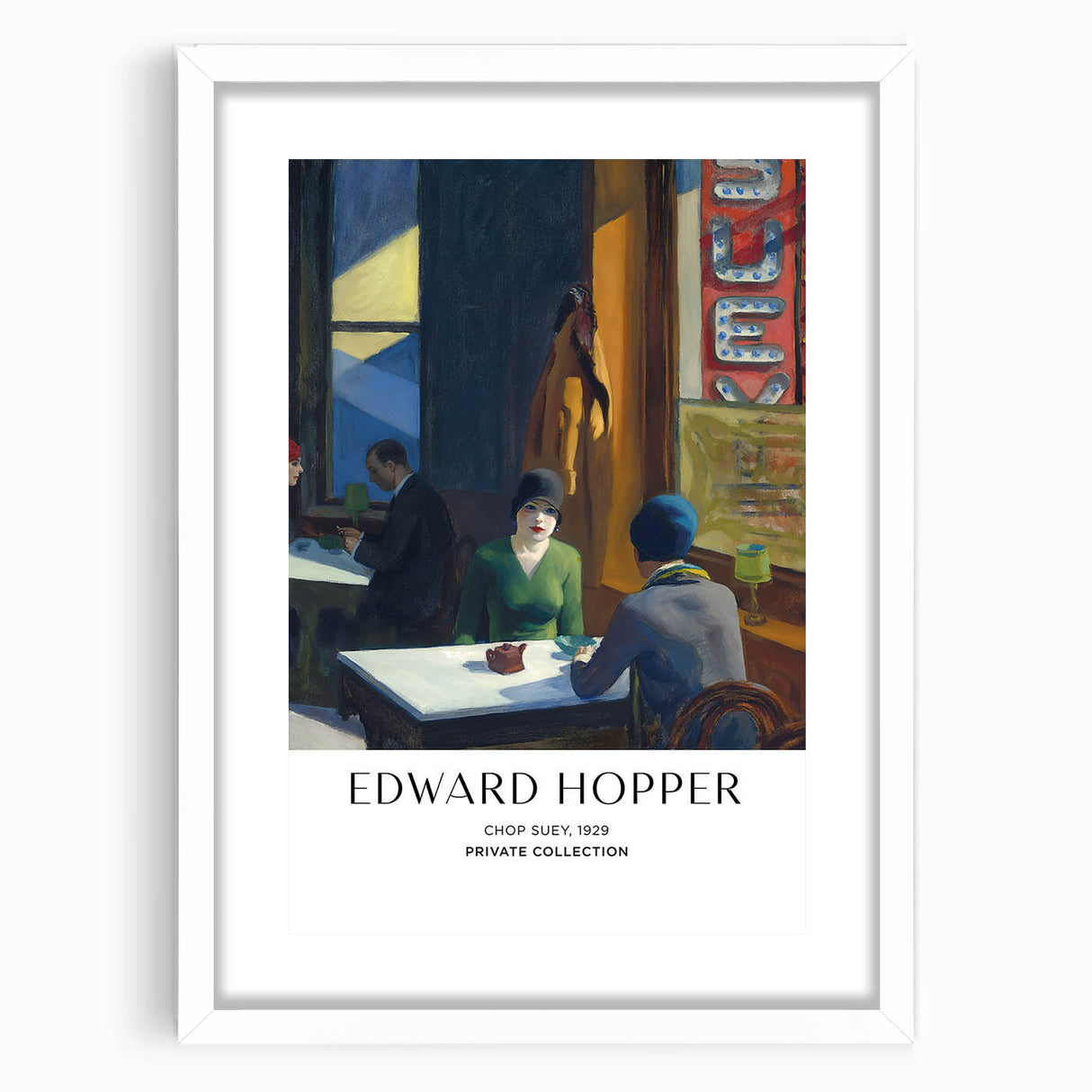 Abstract art print featuring a minimalist Edward Hopper design in muted tones, framed with a white mat.