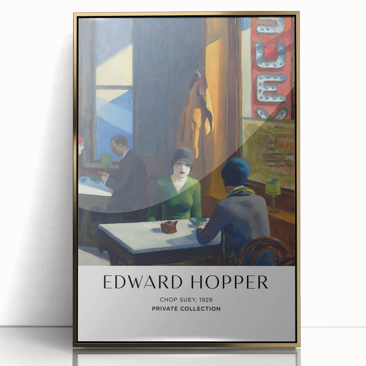 Large art print of an Edward Hopper-inspired scene in muted colors on a framed acrylic, suitable for modern nursery decor.