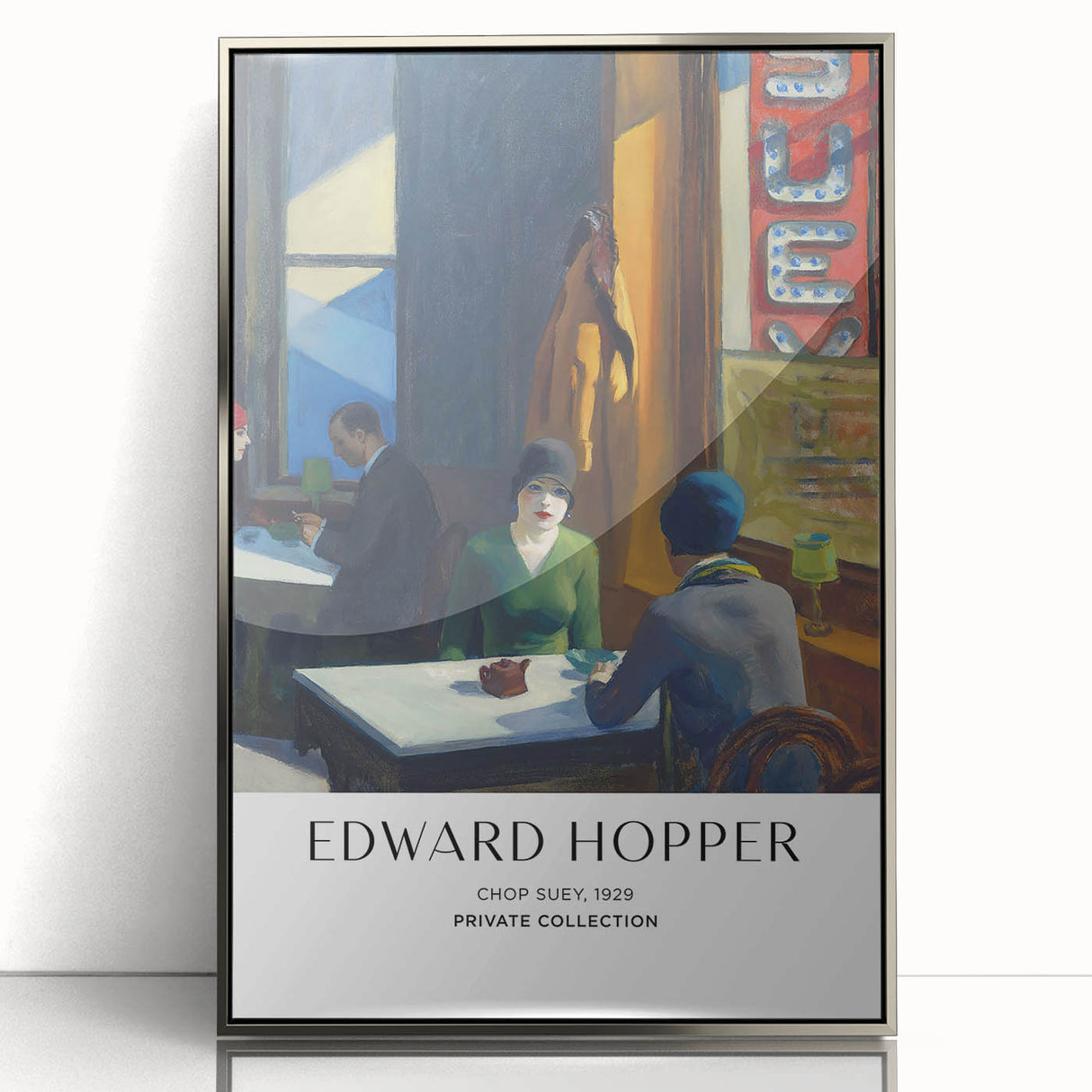 Mid-century modernist art deco poster featuring a stylized Edward Hopper design in muted colors, framed in acrylic.