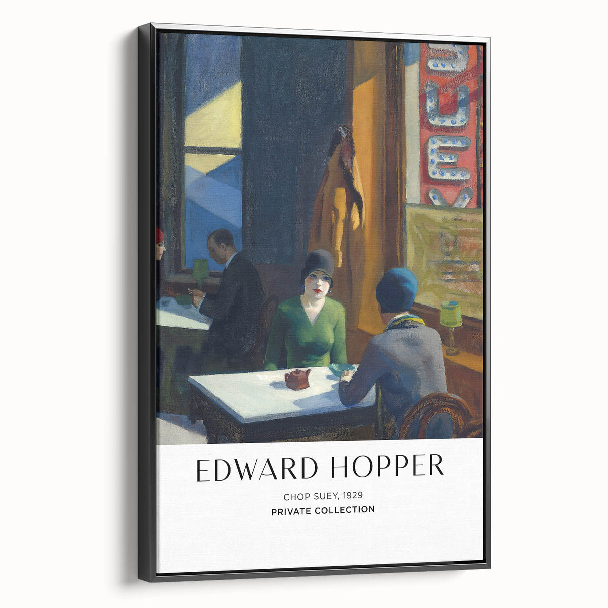 Black and white wall art featuring a vintage poster-style Edward Hopper landscape, framed canvas, ideal for bedroom decor.