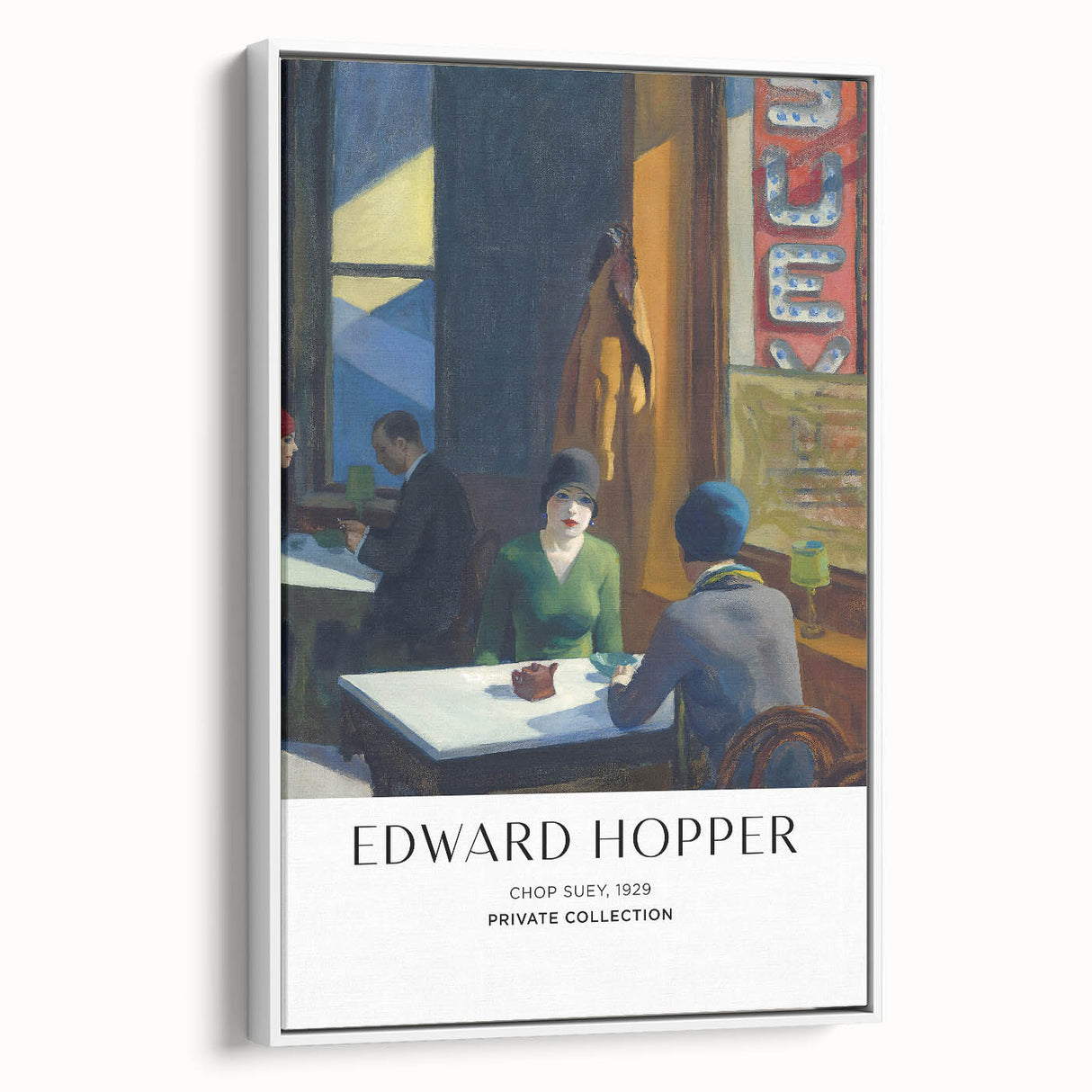 Vintage poster art of an Edward Hopper design on a framed canvas, featuring a colorful palette, ideal for living room decor.
