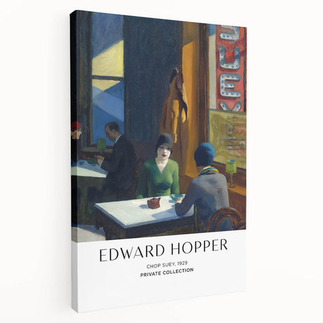 Edward Hopper-inspired urban scene on a stretched canvas, featuring subdued earth tones, ideal for kitchen wall art.