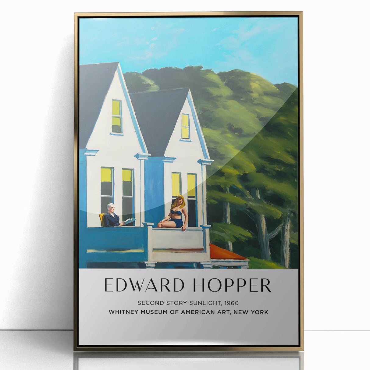Large art print of an Edward Hopper-inspired scene on framed acrylic, featuring muted earth tones.
