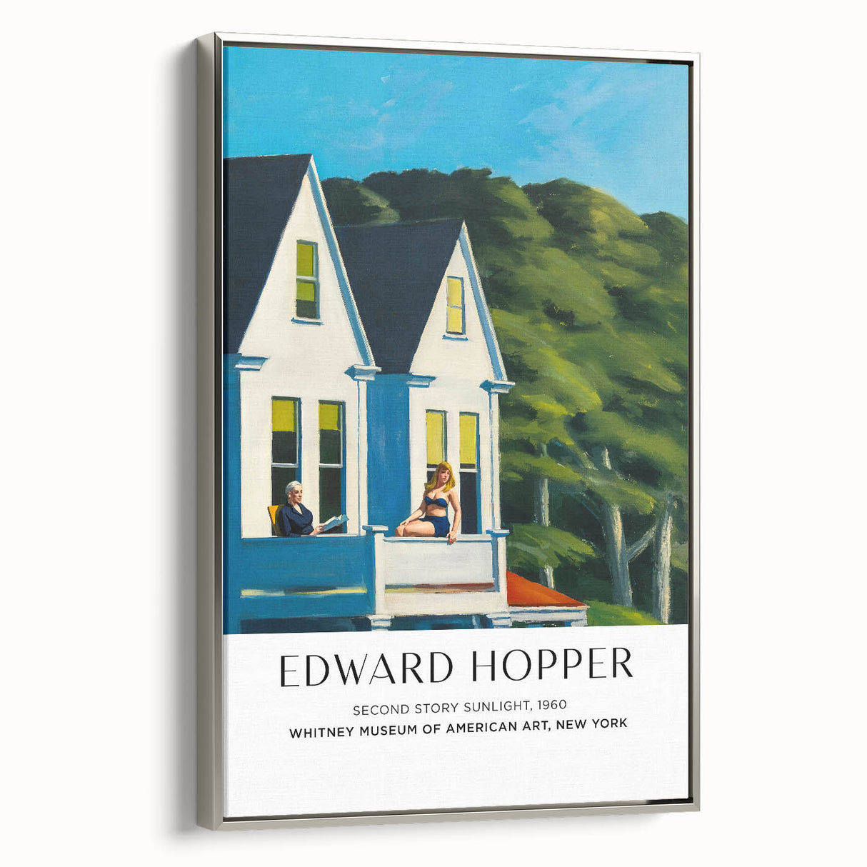 Framed canvas featuring a landscape art painting in a vintage poster style with a black and colorful palette.