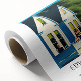 Art deco poster of a serene landscape in soft pastel shades on rolled canvas, ideal for nursery wall art.