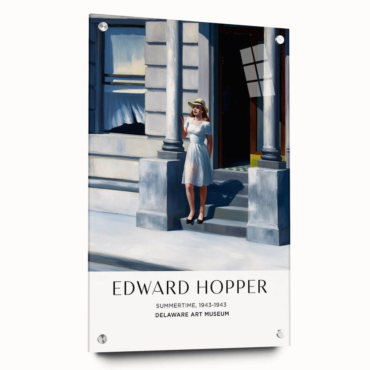 Large abstract wall art on acrylic glass depicting an Edward Hopper-inspired scene, with muted earth tones.