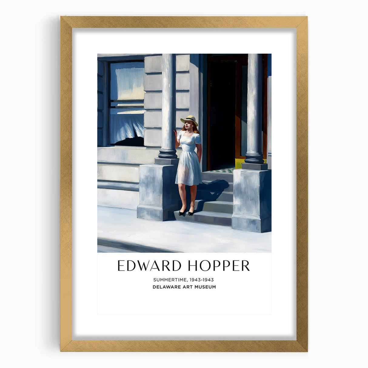 Extra large abstract art print of a textured Edward Hopper design in a gold frame, ideal for living room decor.