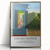 Large art print of Edward Hopper's design in a gold frame, featuring mid-century modernist style.