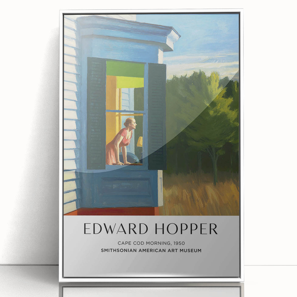 Modern art wall decor featuring an Edward Hopper-inspired acrylic print in a white frame, suited for nursery settings.