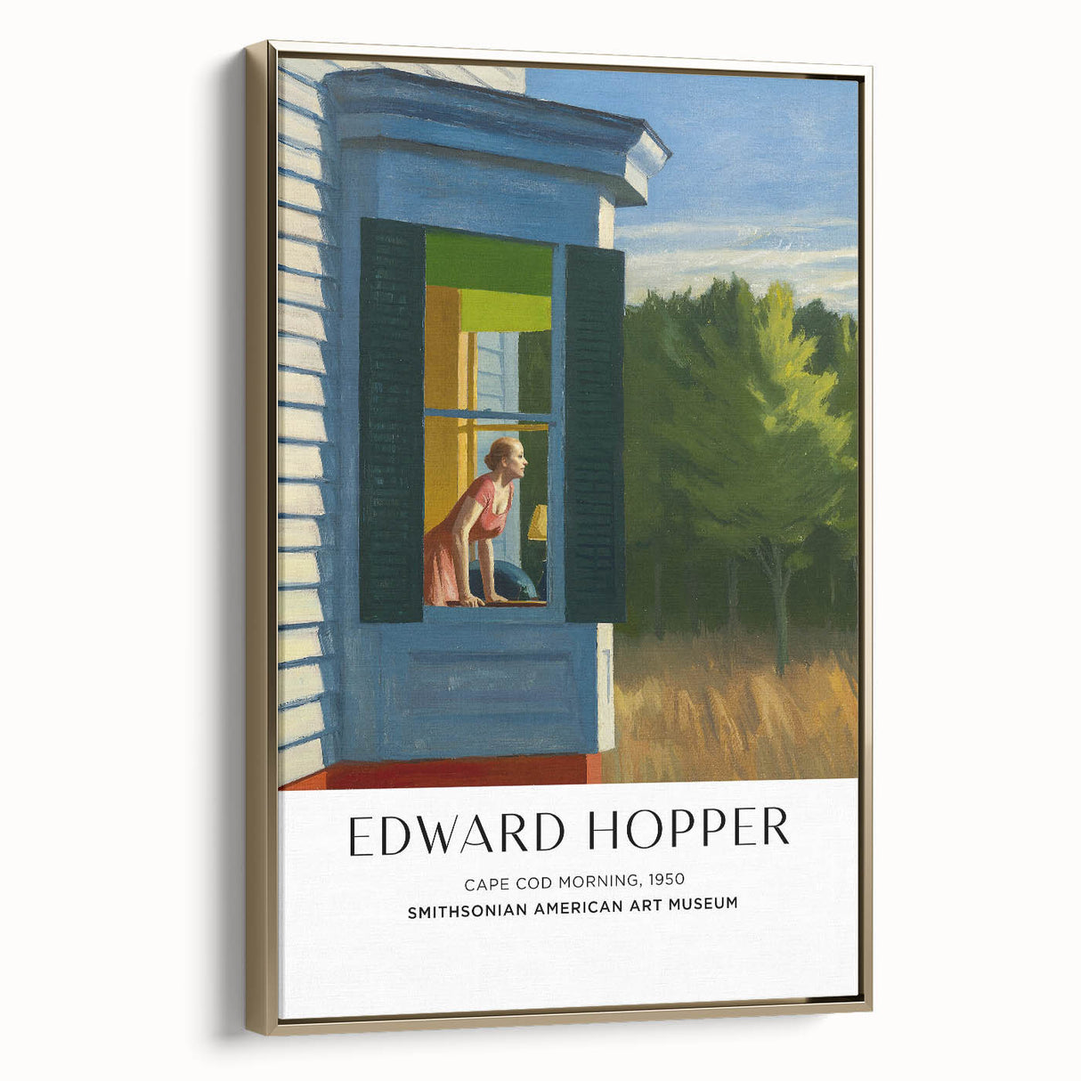 Edward Hopper-inspired vintage landscape painting on a framed canvas with black and gold tones, ideal for bedroom wall art.