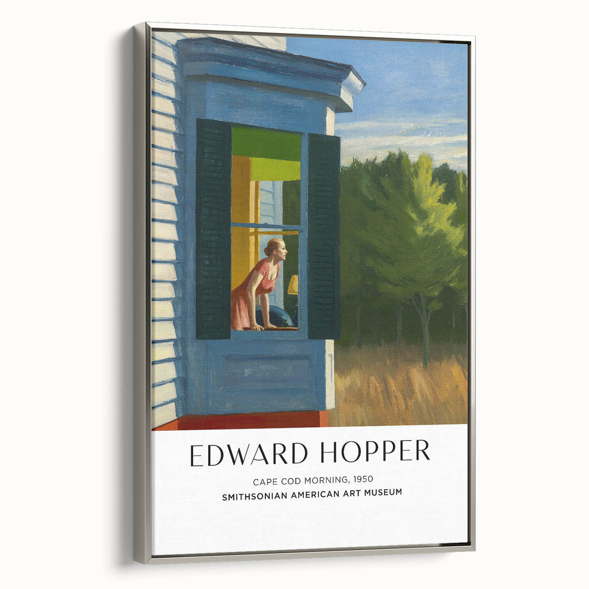 Framed canvas of Edward Hopper-inspired landscape, featuring a colorful vintage poster art style.