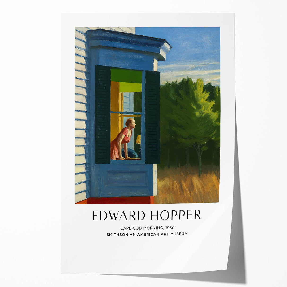 Edward Hopper-inspired rolled print featuring a floral motif in subdued hues, suitable for dining room or bathroom walls.