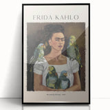 Large abstract wall art of Frida Kahlo in muted tones, framed in black acrylic, suitable for modern living room decor.