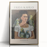 Mid-century modernist style Frida Kahlo portrait in gold frame, ideal for nursery wall art.