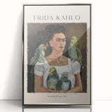 Mid-century modernist art depicting Frida Kahlo in muted tones on a framed acrylic print, suitable for nursery wall art.