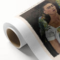 Art deco style poster of Frida Kahlo with vibrant colors on rolled canvas, suitable as nursery wall art.