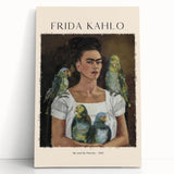 Black and white portrait of Frida Kahlo on stretched canvas, suitable as kitchen wall art or for a bedroom.