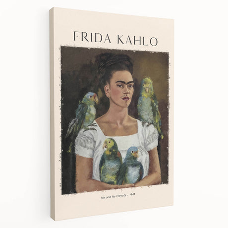 Contemporary Frida Kahlo portrait in bold colors on stretched canvas, suitable for kitchen wall art.