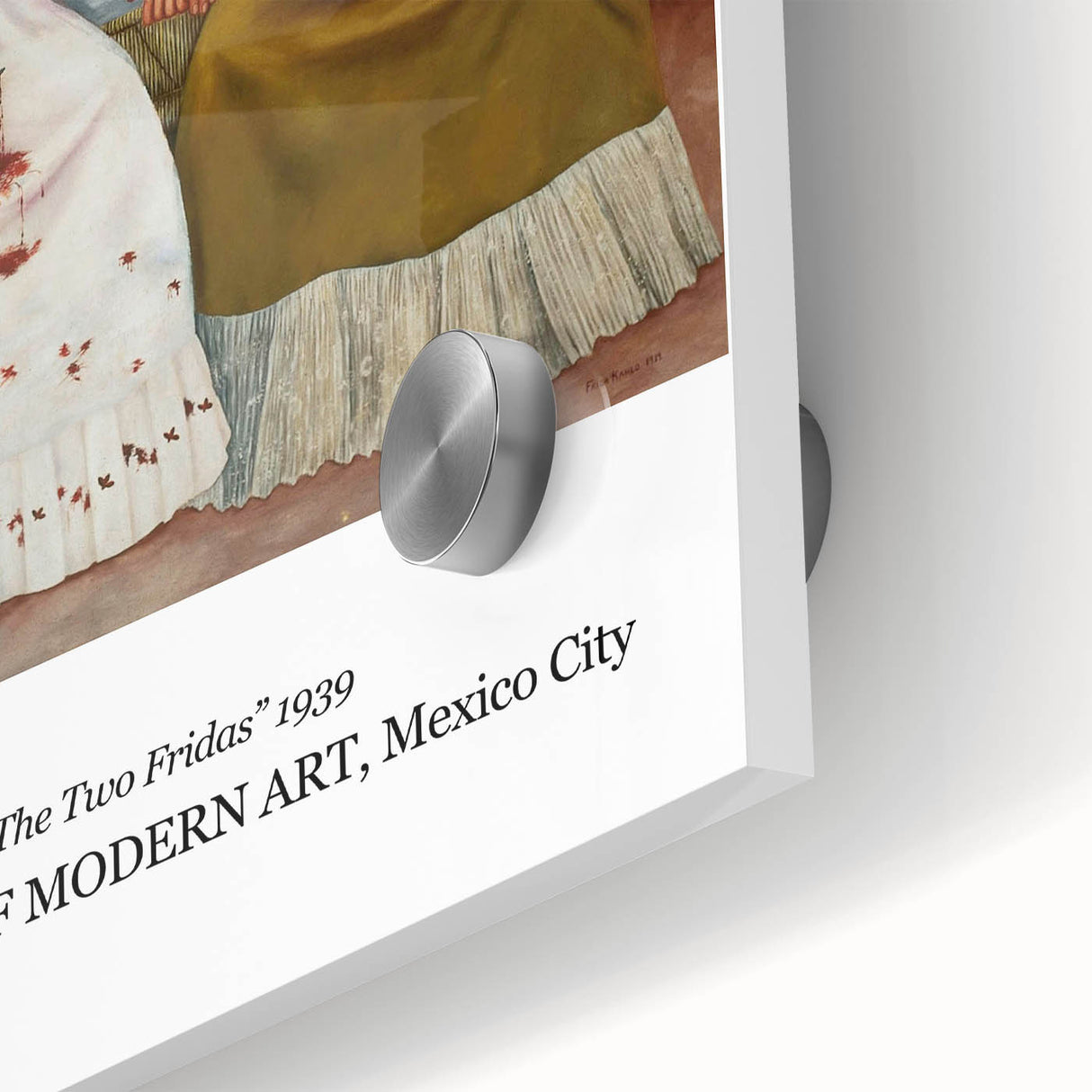 Acrylic print of a large abstract depiction of Frida Kahlo in muted earth tones, ideal for dining room art.