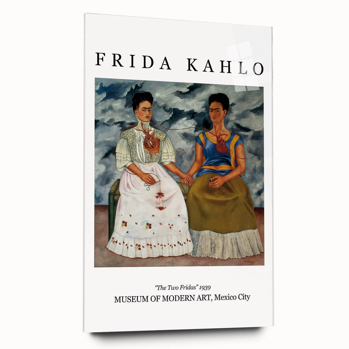Acrylic print of a large abstract depiction of Frida Kahlo in vibrant colors, suitable for bedroom or dining room art.