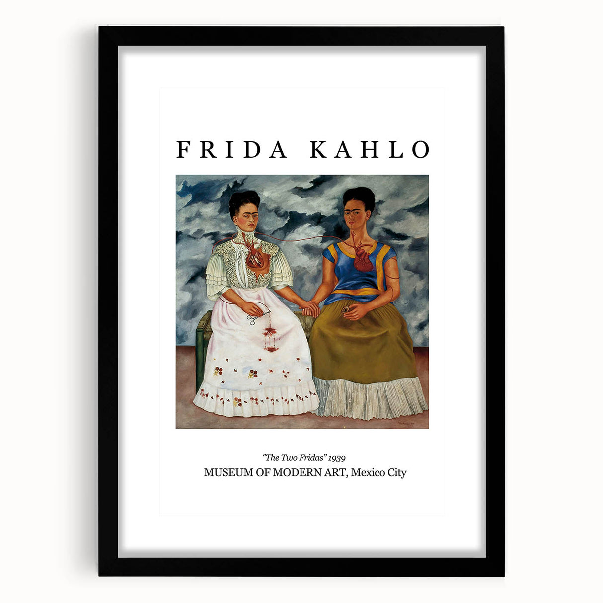 Extra large, colorful art print of Frida Kahlo in abstract style with textured details on a black framed canvas.
