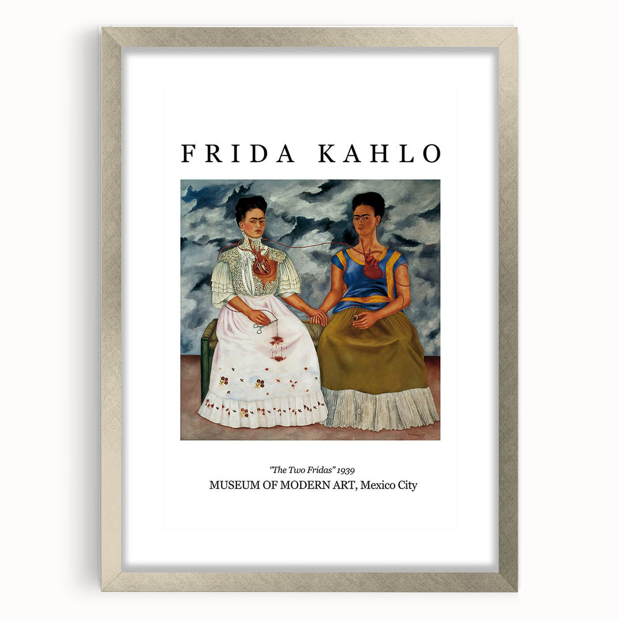 Textured art print of Frida Kahlo in abstract style with muted colors on a silver-framed mat, suitable for bedroom art.