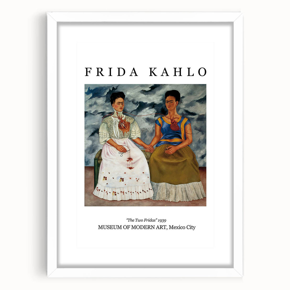 Abstract art print of Frida Kahlo in muted colors, framed in white, suitable for bedroom or dining room decor.