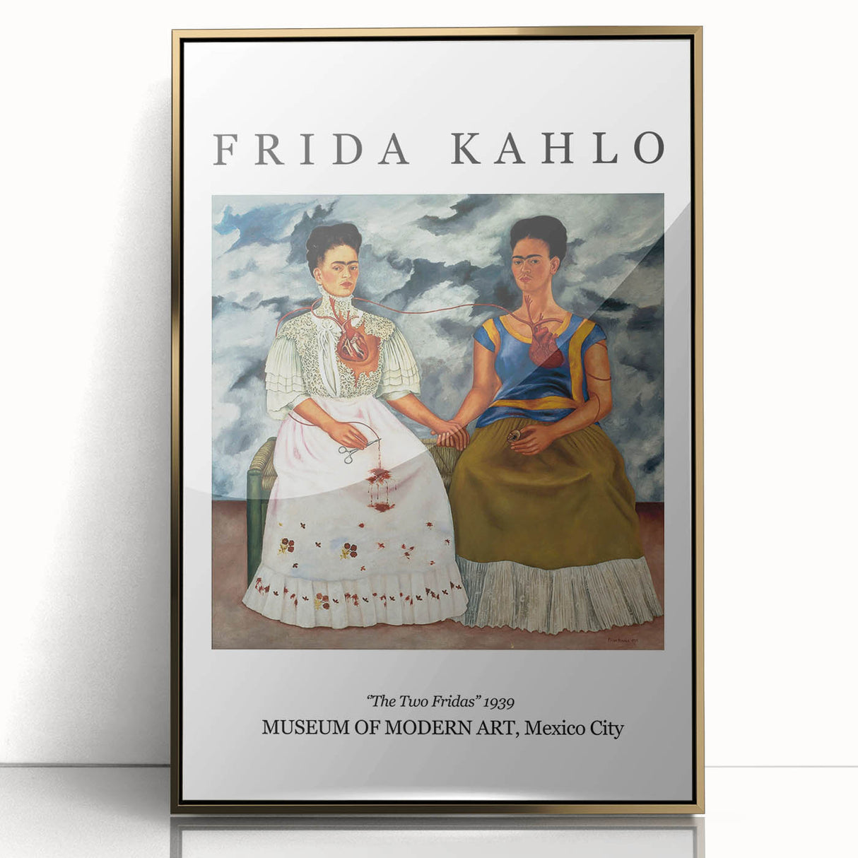 Mid-century modernist art of Frida Kahlo in gold frame, acrylic print, ideal for modern art wall decor.