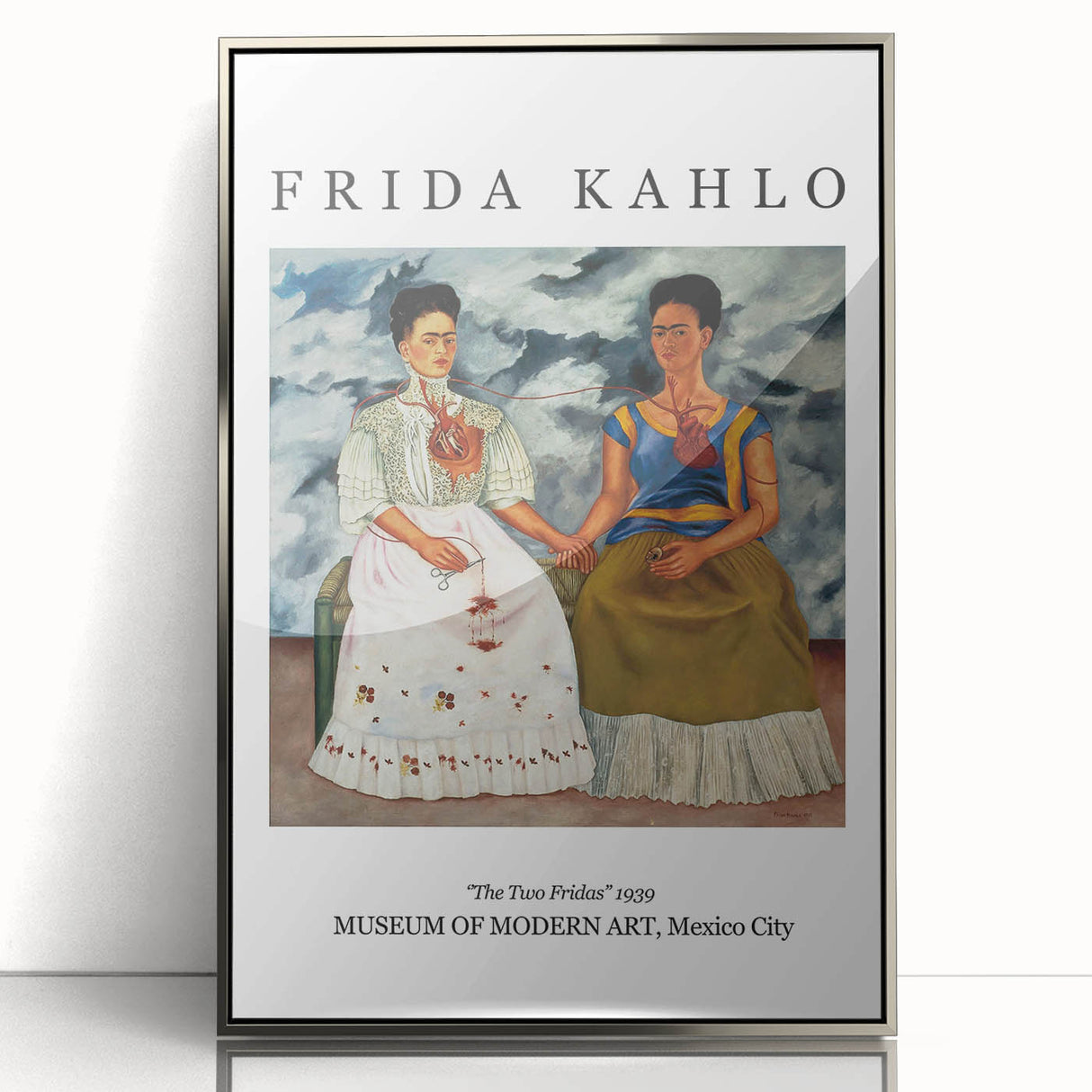 Framed acrylic print of Frida Kahlo in mid-century modernist style with bold color palette, ideal for modern art wall decor.