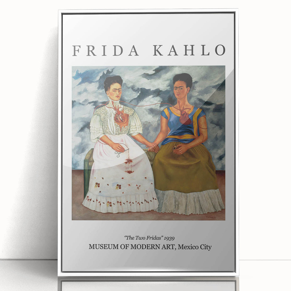 Framed acrylic print of Frida Kahlo in art deco style with muted color palette, ideal for modern nursery wall art.