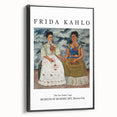 Black and white wall art of Frida Kahlo in a vintage poster style on framed canvas, suitable for bedroom decor.